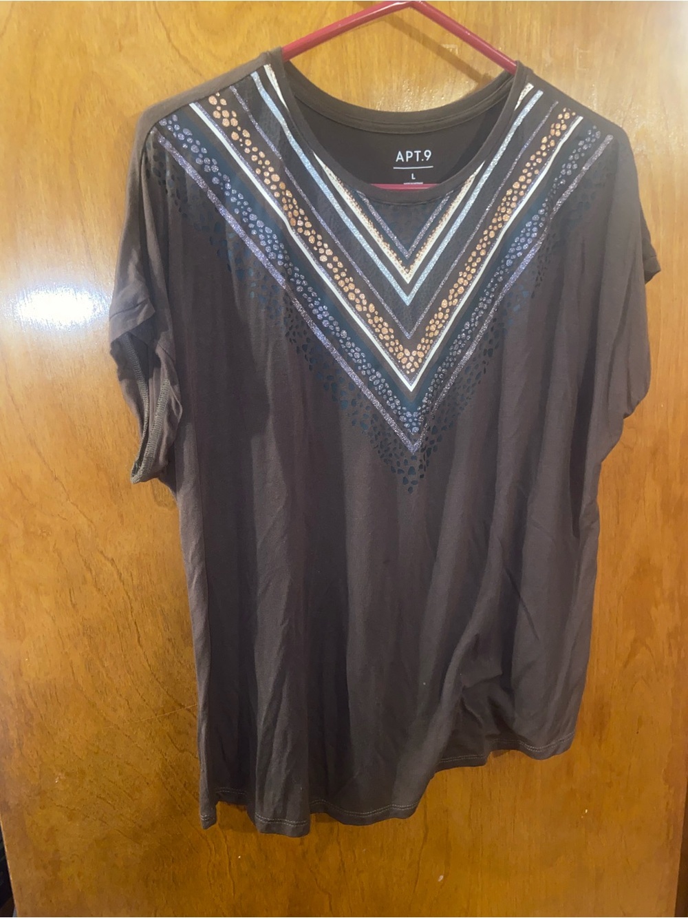 Apt. 9 Brown Metallic Animal Print Short-Sleeve V-Neck Shirt Size Large